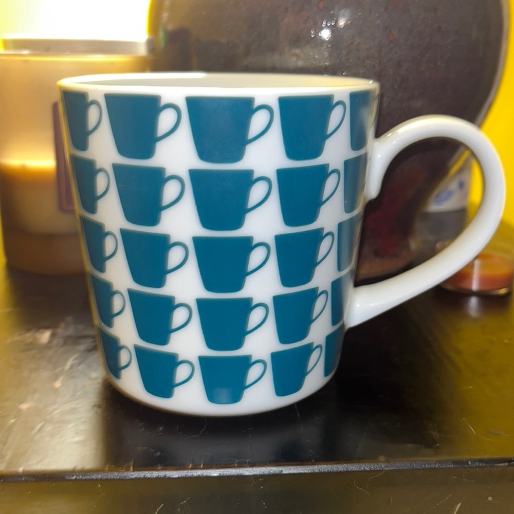 Crate&Barrel white and teal mug/coffee cup